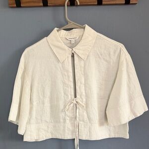 Banana Republic Ivory Cropped Tie-Front Linen Shirt